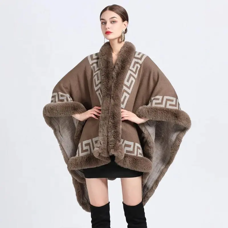 Poncho de caxemira com estampa longa e listrada, casaco de cachecol solto para mulheres, casaco grande de coelho falso, 5 cores, quente de inverno