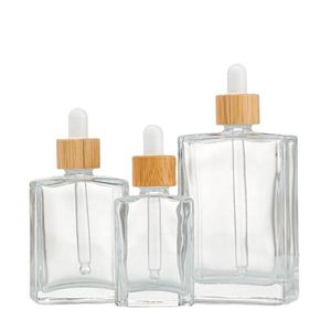 30ml 50ml 100ml Rectangle Clear Glass Serum <b>Dropper</b> <b>Bottles</b> Skin Care Essential Oil Gold Sliver Bamboo Cap Screen Printed Custom - Product Image 2