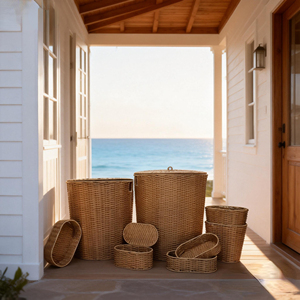 Set di 9 Cesti Portaoggetti in Rattan PE Intrecciato Fatti a Mano, Cesti Decorativi per Organizzare il Bucato, per Bagno, Realizzati in Tessuto, Metallo e Ferro - Product Image 1