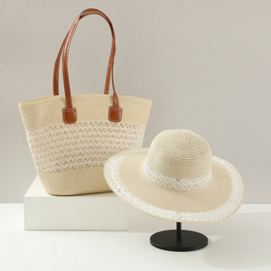 Hot Selling Fashion Woven Stroh Tasche Luxus Strohhut 2 Pcs Set Sunhat Damen Tote Handtasche Holiday Stripe Beach <span class=keywords><strong>Bag</strong></span> - Product Image 4