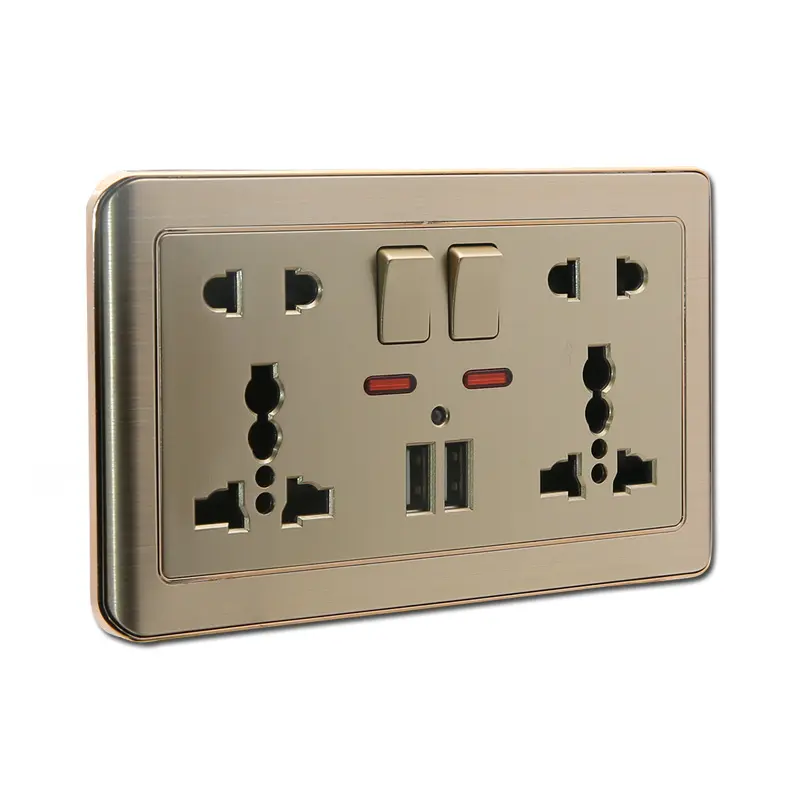 Double 5 pin MF switched socket with neon+2usb PC material white/golden color plate socket