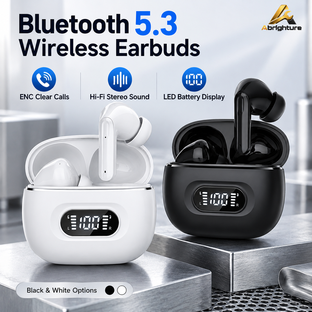 Wireless TWS Earbuds ENC Noise Cancelling Earphones with LED Battery Display HiFi Stereo Sound for Clear Calls Music and Gaming