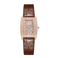 Montre à quartz minimaliste pour femme, forme tonneau, boîtier entièrement incrusté de diamants, cadran Hangzhou, chiffres romains, bracelet en cuir noir tendance