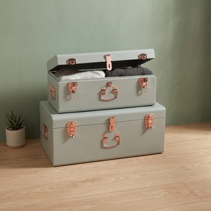 Classic Design Stackable <b>Metal</b> <b>Storage</b> <b>Trunks</b> Rectangular Pink and Teal with Gold Latches for Sundries Organization - Product Image 2