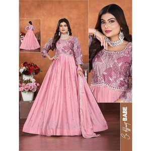 Robe Anarkali en Chinon brodée de qualité supérieure, tenue ethnique indienne longue et évasée pour femmes, avec manches longues et dupatta pour les mariages et les festivals - Product Image 1