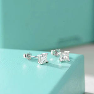 Boucles d'oreilles tendance pour femme en argent sterling avec moissanite taille princesse et carbonite, bijoux de fiançailles - Product Image 2