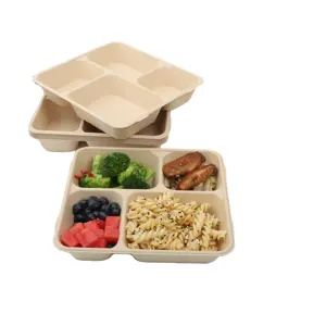 Restaurant Plates Disposable Trays Brown Compartment Microwaveable Prep Food Tray With Lid/Cover