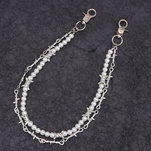 Cadena de cintura de doble capa con perlas y púas plateadas, accesorio de moda casual para mujeres y hombres. - Product Image 2