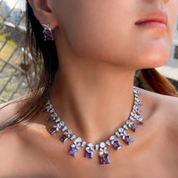 Parure de bijoux de mariée de luxe en zircon cubique violet, design carré, pour femme, accessoires de robe pour anniversaire et fête de mariage, vente en gros
