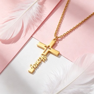 <b>Personalized</b> Name Cross Necklace Custom Engrave Name Hollow Cross Pendant Gold Plated Religious Jewel Birthday Gift for Women - Product Image 3