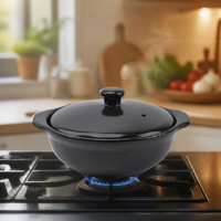 Casserole en céramique noire brillante avec couvercle, pot peu profond en grès haute brillance, compatible four, ustensile de cuisine, vente en gros