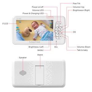 Caméra de surveillance pour bébé sans fil Smartree Made in China, vision nocturne, interphone bidirectionnel, 720P, 5.0 pouces - Product Image 3