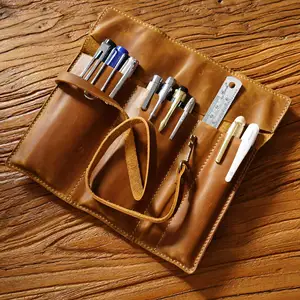 Vintage Top Layer Cowhide Pen Curtain Genuine Leather Storage Pen Bag Handmade Multi-function Rolled Pens Case