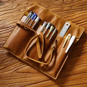 Vintage Top Layer Couro Caneta Cortina Couro Genuíno Armazenamento Pen Bag Handmade Multi-função Laminados Canetas Caso