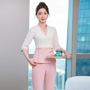 Beauty Salon Uniform Women's V-<b>Neck</b> Short Sleeve Polyester Breathable Workwear For Spa Receptionist And Technician - Product Image 1