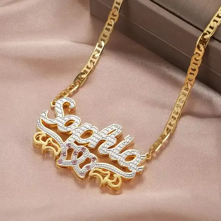 Liontin nama lapisan ganda lapis emas 18K nama kustom untuk kalung wanita kalung perhiasan modis