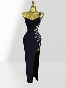 Vestido Casual de Fiesta Negro de Color Sólido con Corte Diamante, Escote Bajo, Tejido, <span class=keywords><strong>Elegante</strong></span> y Sofisticado, Diseño 2026 - Product Image 1