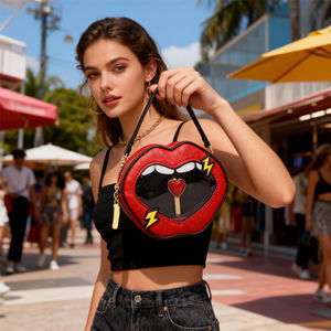 Custom Lips Shape Ita <b>Bag</b> with Clear Window <b>Heart</b> Lollipop Design PU Leather Crossbody <b>Bag</b> for Pin Display - Product Image 1