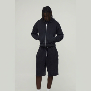 Men Hooded <b>Zipper</b> <b>Sweatshirt</b> Shorts Set Solid Color Fleece Streetwear Knitted Polyester/Cotton Custom Logo Breathable Summer - Product Image 1
