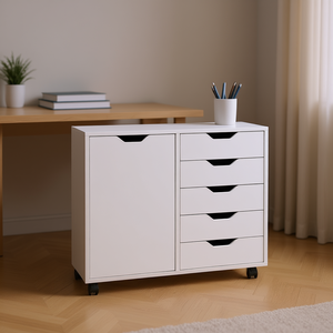Db Winsome Halifax - Mueble de almacenamiento blanco, 80x65x38 cm, 5 cajones con puerta, unidad de organización multifuncional para el hogar - Product Image 2