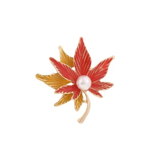 Broche de Hoja de Arce a la Moda, Aleación de Zinc con Incrustaciones de Perlas, Joyería para Mujer, Color Naranja y Azul, Forma de Planta, Decorativo - Product Image 5