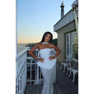 Robe de soirée blanche Viona, ensemble jupe et haut à manches courtes, avec décoration en strass, taille XL, idéale pour les fêtes formelles et les mariages. - Product Image 6