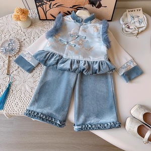 Traditional Chinese Girls Three Piece Set Fleece Lined Vest With Embroidery Party Wear - Product Image 3