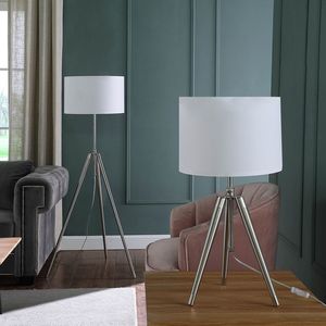 Lampe de table sur trépied réglable Mid-Century, 34,25 pouces, en métal chromé argenté, abat-jour blanc, éclairage de chambre à coucher - Product Image 4