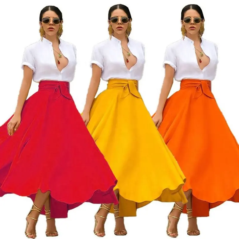 Saias Longas Maxi Falda Wholesale High Quality Casual Solid Color Bow Belt Big Hem Hot Sell Elegant Long Skirts For Women