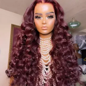 Straight Wavy Curly Burgundy Color Human Hair Wig Dark Wine Red 99J Loose Body Deep Wave Lace Front Weaves and Wigs 180 Density