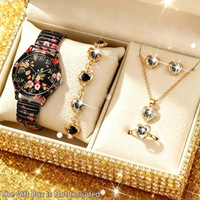 Jam Tangan Wanita Modis Set Perhiasan Jam Tangan Kuarsa Wanita Tali Elastis Motif Bunga Reloj Mujer (Tanpa Kotak)