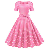 Robe vintage à pois pour femmes, élégante, à manches courtes, col carré, coupe trapèze, robe de soirée mi-longue, style années 50-60, Vestidos, grandes tailles