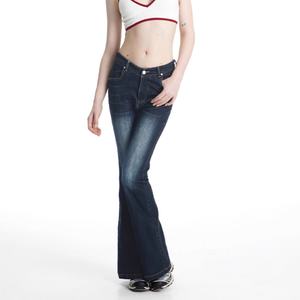 Custom Blue Slim Fit Jeans Pants for Women 100% Cotton Denim Fabric Dirty Wash Vintage Skinny Flared <b>Trousers</b> Women's Jeans - Product Image 2