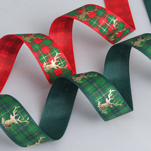 Ruban en polyester à carreaux de Noël en gros-grain avec motif tête de cerf et estampage à chaud doré, pour nœuds cadeaux DIY et emballage de sapins de Noël - Product Image 4