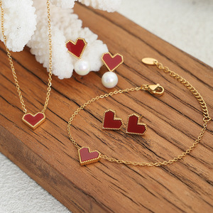18K Gold Stainless Steel Heart-Shaped Necklace, Earrings, and <b>Bracelet</b> Set | Multi-Color Enamel or Natural | Classic Desig - Product Image 2