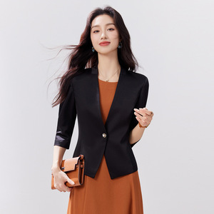 Women's Black Acetate Blazer Mid Length Sleeve Slim Fit Elegant Spring Summer 2026 Style Solid Color - Product Image 1