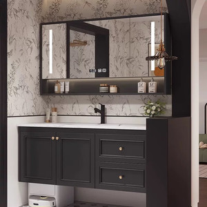 Nouvelle armoire de salle de bain avec lavabo intégré en céramique, armoire en arbre de chêne rétro français, lavabo intelligent - Product Image 4