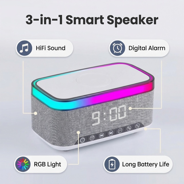 Wireless Charger with Alarm Clock Colorful RGB LED Flashing Light Desk Lamp Speaker for Mobile Phone Living Room Bedside Table