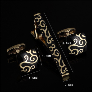 Set di <span class=keywords><strong>Gemelli</strong></span> e Fermacravatta da <span class=keywords><strong>Uomo</strong></span>, Serie Nera, in Smalto Dorato, Accessori Classici per Camicia Francese, Regalo per Feste - Product Image 3