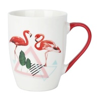 Mug en céramique Flamant rose tropical avec anse rouge, motif feuille de Monstera exotique, grande tasse à café en porcelaine, souvenir d'été, article cadeau