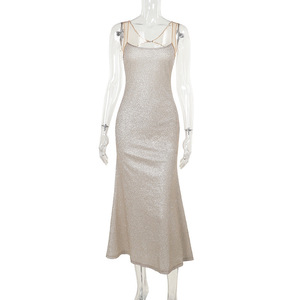 Automne nouveau élégant personnalisé maille transparente couture col bas Sexy mince et scintillant bretelles serrées robe - Product Image 6