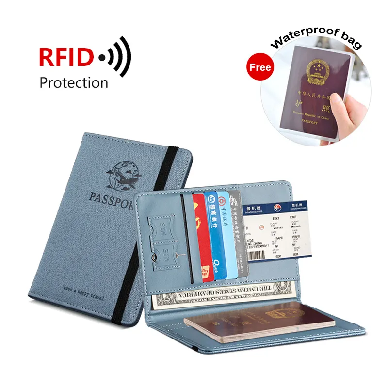 Sarung dompet perjalanan kulit PU Logo kustom dengan 5 tempat kartu 2 Slot tiket tempat paspor pemblokiran RFID keluarga