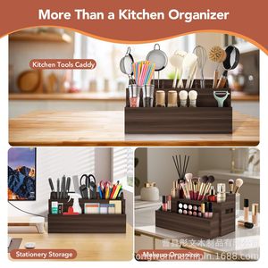 Wooden Cutlery <b>Storage</b> <b>Box</b> With Compartments For <b>Kitchen</b> utensils Organizer Standing Type Rectangular Solid Color - Product Image 3