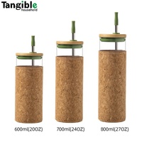 Portable écologique grande capacité en céramique bouteille d'eau minérale couvercle en bambou manchon en Silicone tasse en liège verre paille-marque tangible