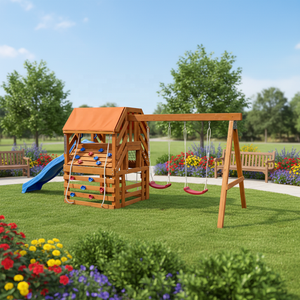 Équipement de terrain de jeu extérieur en gros Ensemble de balançoire multifonctionnel pour enfants avec cadre d'escalade Toboggan Terrain de jeu en bois - Product Image 4