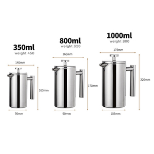 350 ml 800 ml 1000 ml de acero inoxidable de doble pared francés prensa café tetera