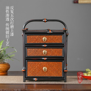 Bamboo <b>Tea</b> Cabinet Lacquered Three Tier Portable Storage <b>Box</b> Chinese Style Desktop Organizer - Product Image 2