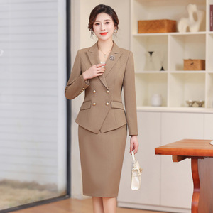 Women's Double Breasted Suit Set Midi Skirt Office Lady Style Anti Wrinkle Worsted Fabric Commuting Work Wear - Product Image 3