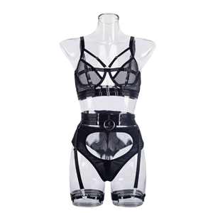 Ensemble de lingerie sexy pour femmes très vendu, avec sous-vêtements noirs froncés de haute qualité, ensemble trois pièces ajusté - Product Image 5
