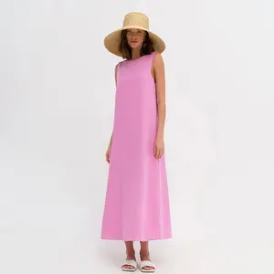 Robe d'été sans manches débardeur Loose A-Line Ladies Cotton Pink Dress